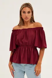 Red Top Short Sleeve Off Shoulder Longline Flutter - Size 8, Women's Top