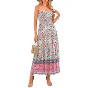 Vintage Floral Bohemian Dress with Adjustable Strap - Pink with Flower