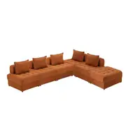 Oikiture 6 Seater Velvet Modular Sofa & Ottoman Set Armless TOFU Back Brown