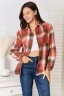 Women Double Take Plaid Collared Neck Long Sleeve Shirt