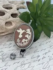 Hummingbird Caramel Cameo Retractable Reel ID Card Badge Holder Key Chain Rose