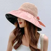 [Ling88] Women Foldable Sun Hat Quick Dry Summer Black Glue Bow Sun Hat Female Hollow Straw Hat Uv Protection Big Brim Face Sunscreen Sun Fisherman Hat Outdoor Portable Sunshade,2