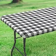ETHEL Rectangle Table Cloth, Elastic Waterproof Fitted Vinyl Tablecloth for 6 FT Tables, Flannel Backed, Buffalo Plaid for Picnic, Camping, Outdoor (Black and White, 34.4 x 72 Inches)