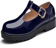 [Coutgo] Girls T-Strap Mary Jane Shoes Chunky Low Heel Platform Velcro Closed Toe School Uniform Dress Shoes