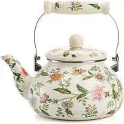 2.6 Quart Vintage Enamel Tea Kettle, Green Floral Enamel on Steel Teapot