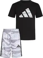 [adidas] Boys Short Sleeve Cotton Tee Shirt and Aop Camo Short Set