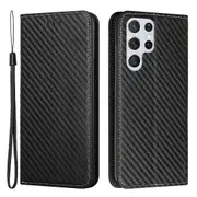 Magnetic Auto-absorbed Carbon Fiber Texture Stand Wallet Leather Phone Case With Wrist Strap For Samsung Galaxy S22 Ultra 5g - Black