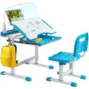 Giantex Kids Desk and Chair Set Height Adjustable Kids Study Table Set w/LED Light & Tilted Tabletop Children Desk Blue