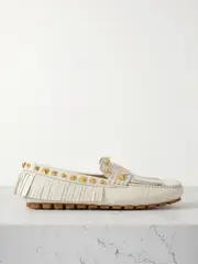 [Valentino Garavani] Valentino Garavani - Plaster Caster Driver Fringed Studded Textured-leather Loafers - Ivory - IT41 IT 41 Ivory