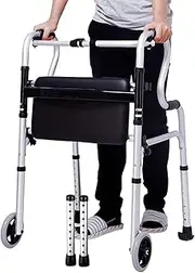 Stand-Assist Folding Walker with Reversible Seat, Lightweight Four-Foot/2-Wheel Crutches, Height Adjustable, 350lbs Capacity, Compact & Portable, Can be Used as Toilet Safety Rail