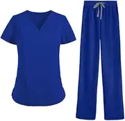 [MEDSKIN] Essential Scrubs Set for Women - Lightweight V-Neck Scrub Top & Yoga Waistband Trouser Pants, Royal Blue, s