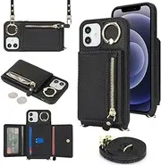 Cavor Crossbody Wallet for iPhone 12 Mini Leather Case for iPhone12mini Case 5.4'' Flip Cover Card Slots with 360°Rotation Ring Holder Kickstand & Long Shoulder Lanyard Strap-Black