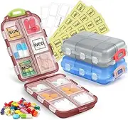 Travel Pill Organizer, 12 Compartments Portable Pill Case with Weekly Stickers, 3 Pcs Moisture Proof Pill Box Vitamin Medicine Container for Daily Pills, Supplements, Medication and Vitamins (Blue, Grey, Brown)