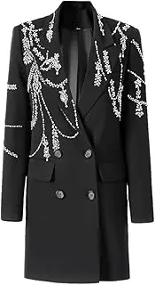 [Zadaos] Women's Suit Jackets Solid Color Long Sleeve Double Breasted Patchwork Beaded Crystal Blazer