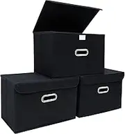 STOREONE Fabric Storage Cube Bins Foldable Organizer Container Collapsible Basket with Lids and Metal Handles, for Home, Bedroom, Closet (Black, 3 Pcs)