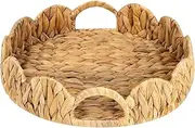 Scalloped Basket - 12 Inch Round Rattan Tray with Handle, Water Hyacinth Woven Serving Tray for Dining Table, Vanity, Bedroom, Kitchen