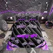 jejeloiu Purple Race Car Bedding Set Twin Size Extreme Sports Comforter Set for Kids Teens Adult Fast and Furious Duvet Set Dazzling Flag Quilt Set 2Pcs