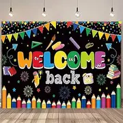 CGXINS 7 * 5FT Welcome Back to School Themed Photography Backdrop Polyester Black Background Cute Bunting Fireworks Classroom Backdrops for Photoshoot Color Wave Point Kids Opening Ceremony Banner