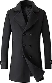 [Sematomala] Mens Woolen Trench Coat Pea Coat Double Breasted Regular Fit Wool Blend Coat Business Overcoat