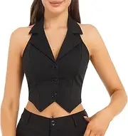 [XUNZOO] Womens Halter Dressy Vest Lapel Button Down Fashion Sleeveless Waistcoat Formal Tuxedo Suit Jacket