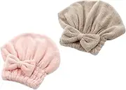 IWOWHERO Shower Cap 2pcs Coral Fleece Hair Drying Caps Super Absorbent Shower Turbans with Bowknot Design for Quick Drying Pink and Coffee Ideal for Home and Travel Use