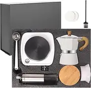 Vaolvpant 7-in-1 Aluminum Moka Pot Set with Electric Stove Hand Grinder Moka Dispenser Classic Stovetop Espresso Coffee Maker 150ml 5oz Mocha Express Portable Camping Travel Cafe Makers 3 Cup
