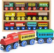 Play22 Wooden Train Set 12 PCS - Train Toys Magnetic Set Includes 3 Engines - Toy Train Sets for Kids Toddler Boys and Girls - Compatible with Thomas Train Set Tracks and Major Brands - Original