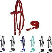 Majestic Ally Nylon Padded Browband Headstall with Reins for Horses (Red, Full)