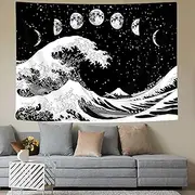 Japanese Tapestry, Kanagawa Great Wave Moon Wall Tapestry, Black and White Tapestry Wall Hanging for Bedroom Living Room Dorm Wall Decor 60 x 40 Inches