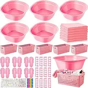 6 Sets Kids Foot Spa Kit for Girl Spa Party with Pink Washbasin Salon Towels Nail Kit for DIY Manicure and Pedicure Set with Foot Care for Sleepovers Slumber Party(Light Pink)