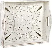 Decorative Wooden Serving Tray with Handles, Rustic Coffee Table Tray Embossed with Metal, Rectangular Ottoman Serving Tray, Perfect for Home, Restaurant, Farmhouse Decor (White)