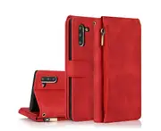 For Samsung Galaxy Note 10 Case, Leather Zipper Purse Flip Cover Case with Card Slot Holder Wrist Strap Lanyard (Red)