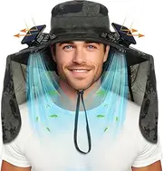 [Chuarry] Fishing Hat with 2 Fan Wide Brim Sun Outdoor Hat USB Charging and Solar Powered Fishing Cowboy Hats for Men Women