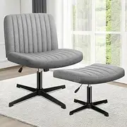 ALFORDSON Criss-Cross Desk Chair with Cross Leg Ottoman Stool, Xavi Series, Fabric Upholstery, Ergonomic Armless Office Chair with Channel-Tufted Mid-Back Design, 180kg Capacity, Grey