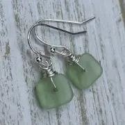 Min Favorit Peridot Green Sea Glass Square & Silver Artisan Earrings Petite