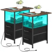 Narrow Side Table Set 2 with LED Light and USB C Port, Night Stand Rustic Brown