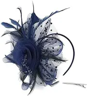 Feather Headband Vintage Lace Rose Hair Bands Elegant Lady Flapper Great Gatsby Headband Pearl Party Bridal Headpiece White Feather Headband (Color : Navy, Size : Size fits All)