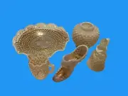 (5) Piece Vtg Art Glass FENTON Hobnail Opalescent Moonstone Shoe Vase Cruet …