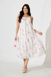 Sunetta Midi Sundress Spaghetti Strap in White Floral Textured Broderie 8