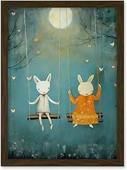 Artery8 Rabbits on a Swing with Moonlit Butterflies Calming Baby Nursery Artwork Framed A3 Wall Art Print