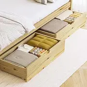 Oikiture 2X Wooden Storage Drawers with Smooth Wheels for Bed Frame Base, Wood