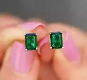 2Ct Emerald CutNatural Green Emerald Women's Stud Earring 14K White Gold Plated