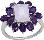 [MOONEYE] Octagon Moonstone With Oval Amethyst Gemstone 925 Sterling Silver Sunflower Cluster Ring