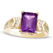 Emerald-Cut Amethyst and 0.05 CT. T.W. Natural Diamond Chevron Tri-Sides Ring in Solid 10K Yellow Gold
