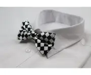 Mens White & Black Checkered Block Patterned Bow Tie Polyester