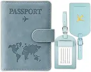 [YUNPYCHY] Passport Holder, Passport Organiser, Passport Cover, PU Leather Passport Cover + 2 Pieces Suitcase Tag, for Men and Women, Holiday Accessories, Travel Essentials, Sky Blue, Gray, 1, Letter