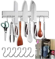 HomeSimplex 12 Inch Magnetic Knife Holder for Refrigerator with 6 Hooks - Double Sided Magnetic Knife Strip for Fridge - Premium Magnetic Knife Bar Rack - 304 Stainless Steel Kitchen Utensil Hanger