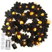 2 Pcs Lighted Black Leaf Garland Halloween Fall Leaf Garland with Pumpkin