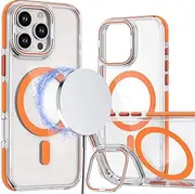Jarttarn Clear Magnetic Case Compatible with iPhone 16 Pro Max, with Camera Hidden Stand and Built in Magnetic Attraction, Shockproof Slim Thin Cover Case for iPhone 16 Pro Max (Orange)