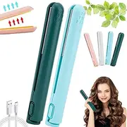 Dualglam Mini Dual-Purpose Curling Iron,Cozy Home Curling Iron,Upgrade 2-in-1 Portable Curling Wand and Flat Iron, Portable USB Mini Ceramic Curling Iron for Short Hair,Its a Wond(Blue+Green)